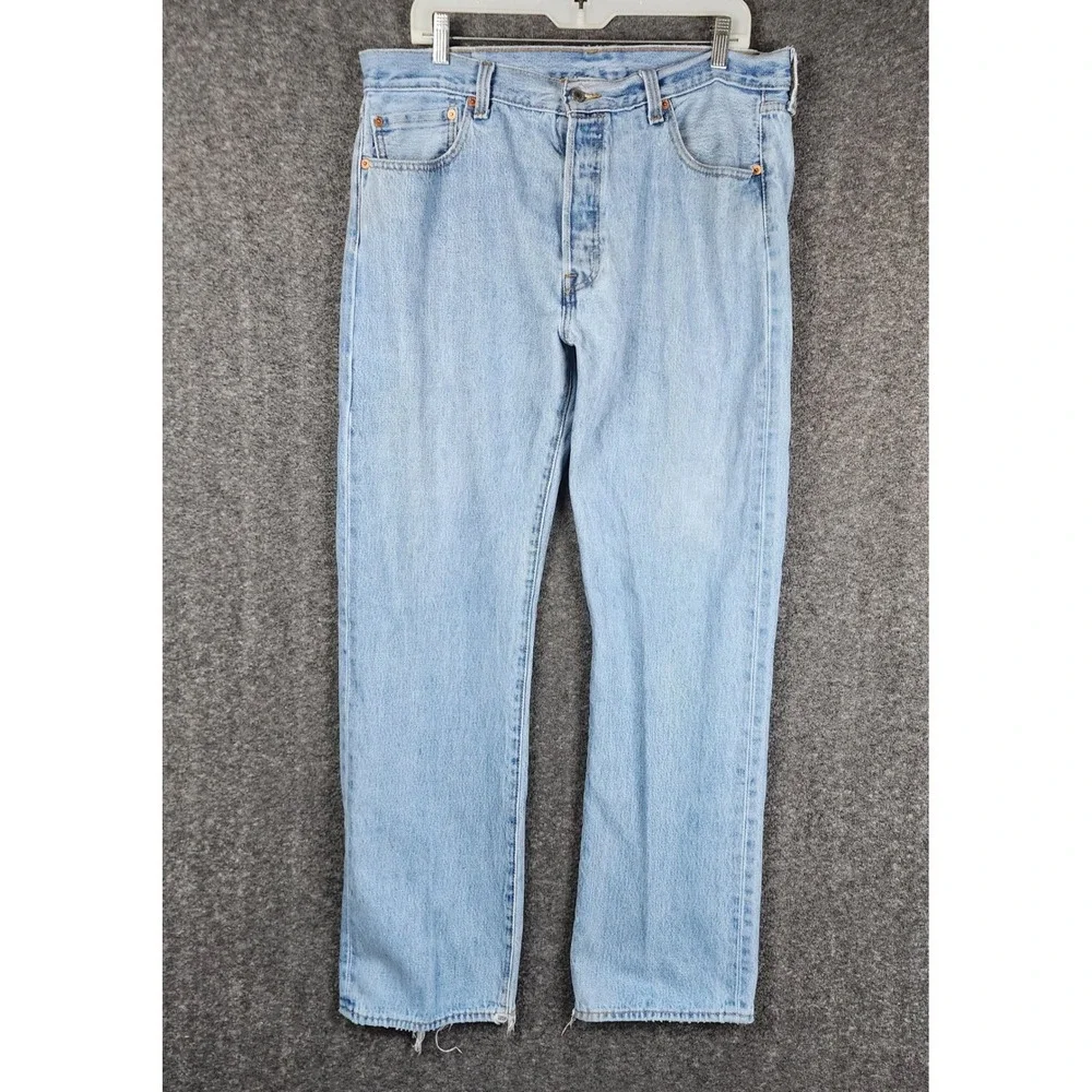 Levis 501 Original Fit Mens 36x32 Light Wash Blue Distressed Button Fly Jeans